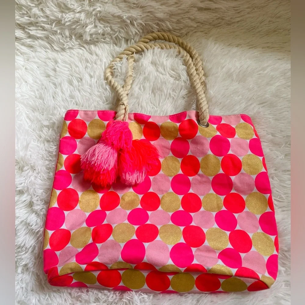 Girls Tote Bag | Summer Pool Beach Bag Book Bag Rope handle polkadots & tassel